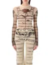 Jean Paul Gaultier Mesh Ls Sleeve Tatoo Marinier Top In Neutrals