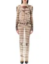Jean Paul Gaultier Mesh Tatoo Marinier Long Dress In Ecru Black Red
