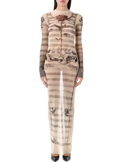 Jean Paul Gaultier Mesh Tatoo Marinier Long Dress In Ecru Black Red