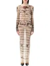 Jean Paul Gaultier Mesh Tattoo Striped Long Dress In Ecru Black Red