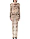 Jean Paul Gaultier Mesh Tattoo Striped Long Dress In Neutrals