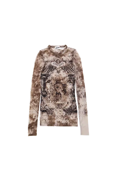 Jean Paul Gaultier Mesh 'the Médaillon' Long Sleeve Top Beige/taupe In Brown