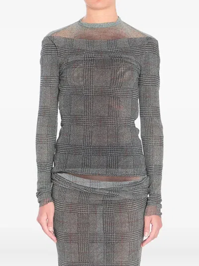 Jean Paul Gaultier Mesh Top Double Layer Printed "body Shadow" And "prince Of Wales" In Gray