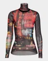 Jean Paul Gaultier Pigalle Mesh Long Sleeve Printed Top In Blackredorangeblue