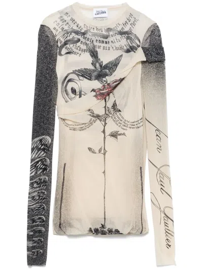 Jean Paul Gaultier The Double Layer Printed Mesh Long Sleeves Top In Beige