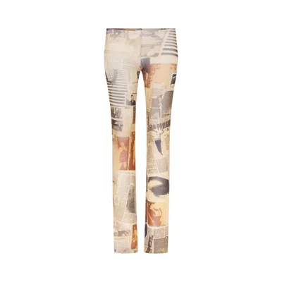Pre-owned Jean Paul Gaultier Mesh Trouser Printed "journal" 'ecru/light Grey/red' | White | Women's Size Xs