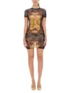 Jean Paul Gaultier Graphic Print Fitted Dress With Sheer Sleeves In Multi