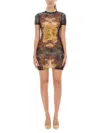 Jean Paul Gaultier Graphic Print Fitted Dress With Sheer Sleeves In Multi