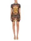 Jean Paul Gaultier Graphic Print Fitted Dress With Sheer Sleeves In Brown