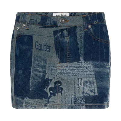 Pre-owned Jean Paul Gaultier Mini Skirt With Newspaper Print 'indigo/beige' | Blue | Women's Size 24