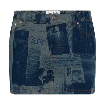 Pre-owned Jean Paul Gaultier Mini Skirt With Newspaper Print 'indigo/beige' | Blue | Women's Size 25