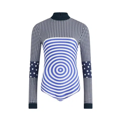 Pre-owned Jean Paul Gaultier Mix Jersey Knitted Gingham And Print Target Long-sleeve Top With Ribbing 'white/n
