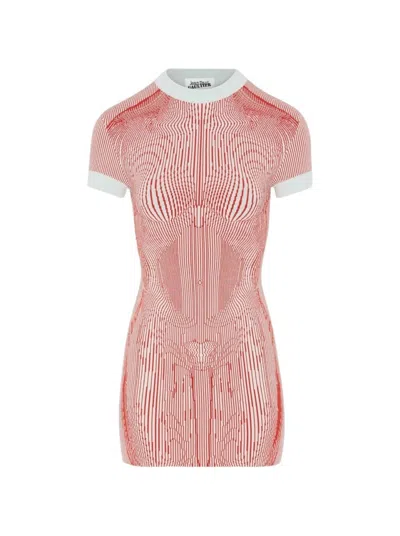 Jean Paul Gaultier Morphing Pinstripes Jacquard Short Dress Mint And Orange In Pink