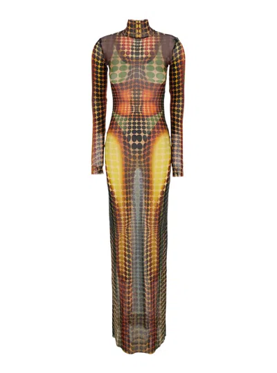 Jean Paul Gaultier Multicolor Long Dress With High Neck And All-over Print In Tech Fabric Woman