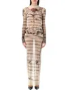 Jean Paul Gaultier Mesh Tattoo Striped Long Dress In Multicolor