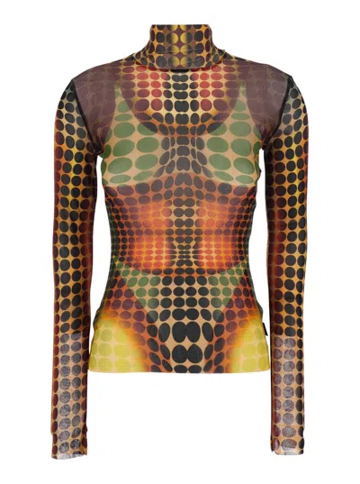 Jean Paul Gaultier Multicolor Top With High Neck And All-over Print In Tech Fabric Woman In Brown