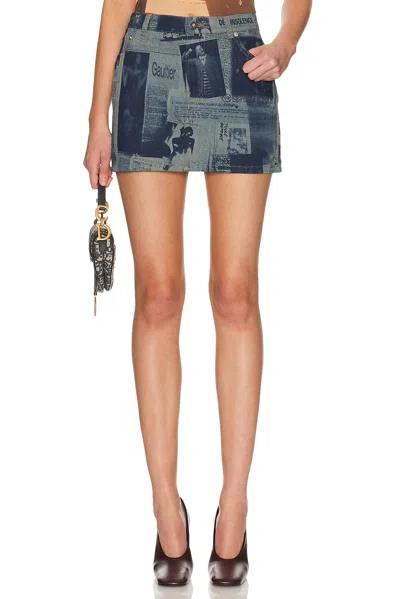 Jean Paul Gaultier Womens Indigo Beige Newspaper Slim-fit Denim Mini Skirt In Blue