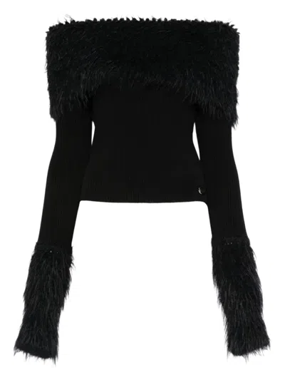 Jean Paul Gaultier Off-shoulder Faux Fur Trim Knit Top In Black