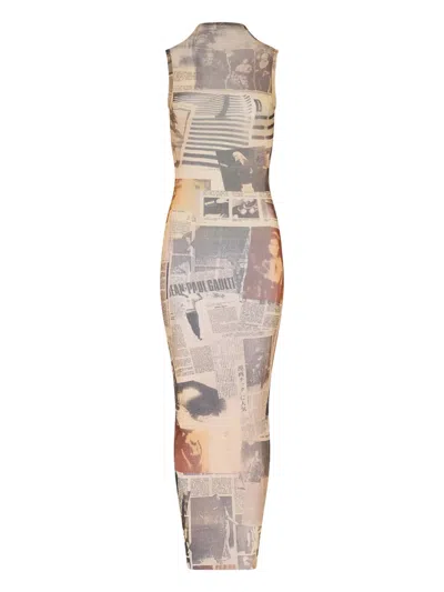 Jean Paul Gaultier Newspaper-print Mesh High-neck Sleeveless Maxi Dress In Gray