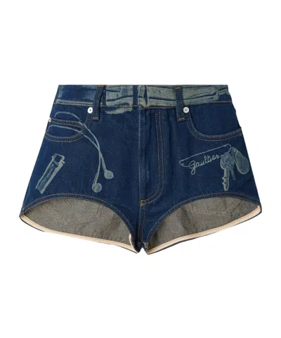 Jean Paul Gaultier Optical Illusion Print Denim Shorts In Blue