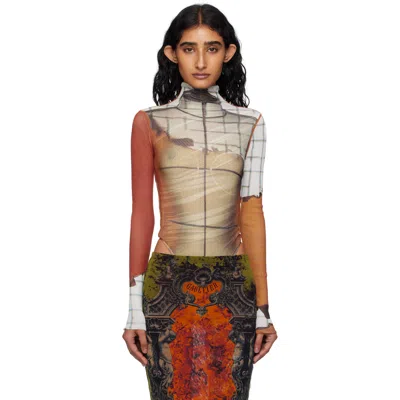 Jean Paul Gaultier Orange & White Long Sleeves Twisted Printed Fire Bodysuit In Multi