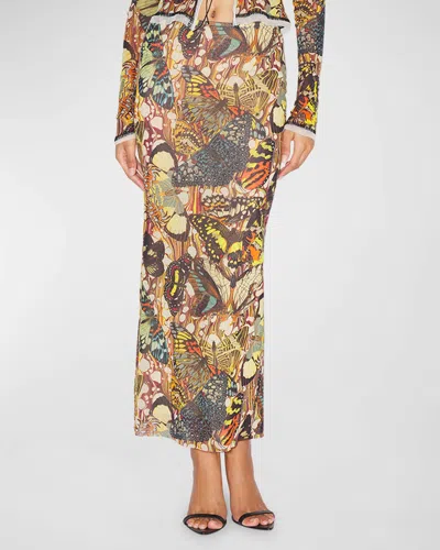 Jean Paul Gaultier Papillon Printed Mesh Midi Skirt In Multicolour