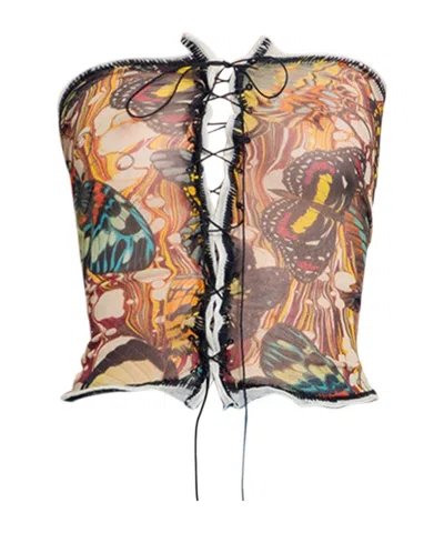 Jean Paul Gaultier Papillon-print Mesh Bustier Top In Brown