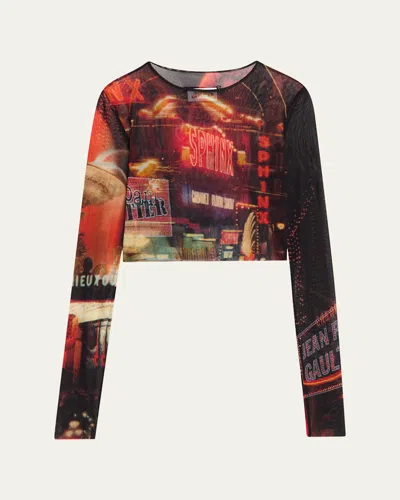 Jean Paul Gaultier Pigalle Mesh Long Sleeve Crop Top In Black