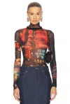 Jean Paul Gaultier Pigalle Mesh Long Sleeve Printed Top In Black  Red  Orange  & Blue