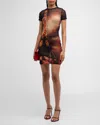 Jean Paul Gaultier Fitted Mesh Mini Dress With Pigalle City Print In 00301550-blackredorangeblue