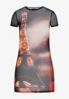Jean Paul Gaultier Fitted Mesh Mini Dress With Pigalle City Print In Multicolor