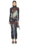 Jean Paul Gaultier Turtleneck Mesh Long Dress Printed "pigalle" In Navy  Light Blue  White  & Black