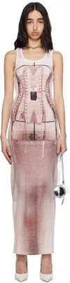Jean Paul Gaultier Ribbed Cotton Long Dress With Printed Corset In 260100-dustypink/whi