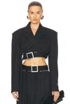 Jean Paul Gaultier Double-breasted Belted Cropped Pinstriped Wool-twill Blazer In Black & White