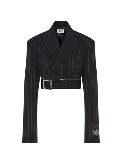 JEAN PAUL GAULTIER JEAN PAUL GAULTIER PINSTRIPE CROPPED TAILORED JACKET BLACK AND WHITE