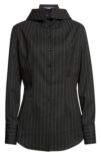 Jean Paul Gaultier Pinstripe Wool Button-up Hoodie Shirt In Black/white