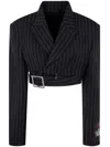 Jean Paul Gaultier Double-breasted Belted Cropped Pinstriped Wool-twill Blazer