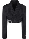 Jean Paul Gaultier Double-breasted Belted Cropped Pinstriped Wool-twill Blazer In Black