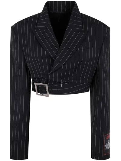 JEAN PAUL GAULTIER JEAN PAUL GAULTIER PINSTRIPE WOOL CROPPED TAILORED JACKET WITH ZIP OFF BELT