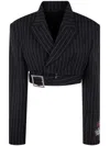 Jean Paul Gaultier Double-breasted Belted Cropped Pinstriped Wool-twill Blazer In Black White