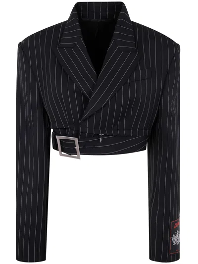 Jean Paul Gaultier Pinstripe Wool Cropped Tailored Jacket With Zip Off In Black