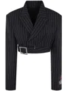 Jean Paul Gaultier Double-breasted Belted Cropped Pinstriped Wool-twill Blazer In Black