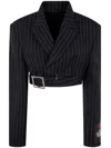 Jean Paul Gaultier Pinstripe Wool Cropped Tailored Jacket With Zip Off In Black