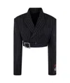 Jean Paul Gaultier Double-breasted Belted Cropped Pinstriped Wool-twill Blazer In Black