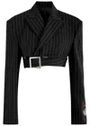 Jean Paul Gaultier Double-breasted Belted Cropped Pinstriped Wool-twill Blazer In Black And White