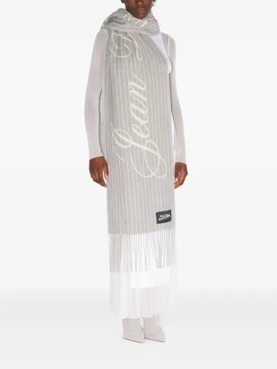 Jean Paul Gaultier Pinstripes Fringed Scarf In Gray
