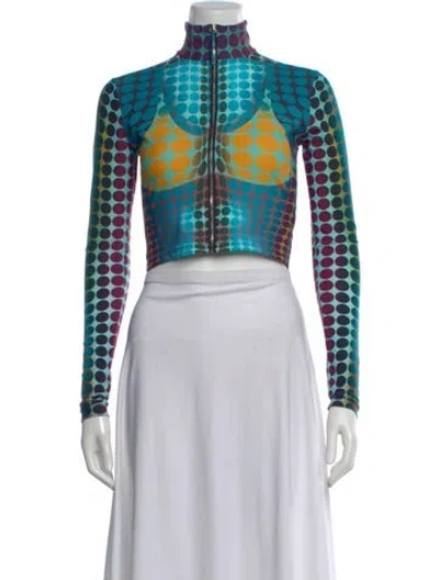 Pre-owned Jean Paul Gaultier Polka Dot Print Turtleneck Crop Top In Blue