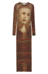 Jean Paul Gaultier Long Dress Printed Tartan Face Woman Multicolor In Polyamide In Sepia/yellow/blue