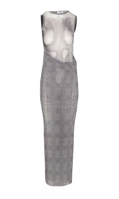 Jean Paul Gaultier Prince Of Wales Mesh Long Dress In Gray