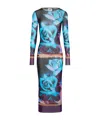 Jean Paul Gaultier Rose Printed Mesh Long Sleeve Dress In Blue